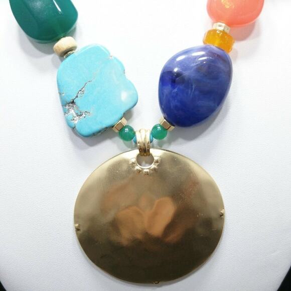 Chico’s Multicolor Beaded Necklace Gold Pendant Suede Cord NWT Statement - Picture 10 of 16